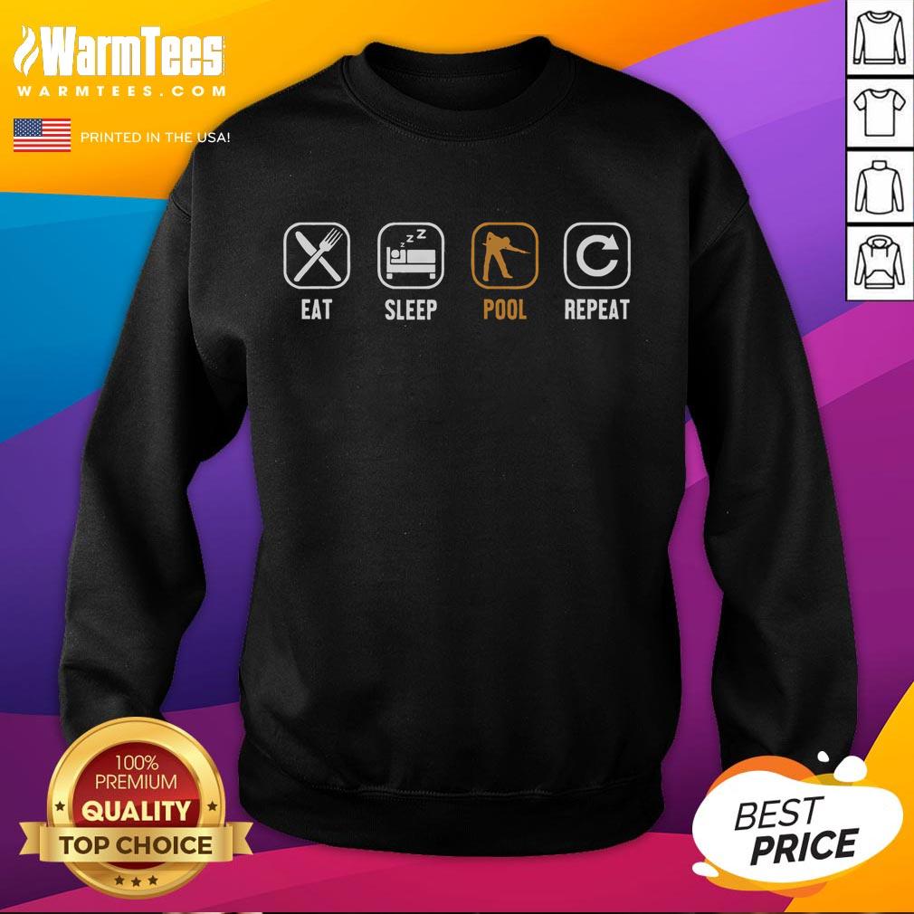 Eat Sleep Pool Repeat sweatshirt featuring colorful pool balls, perfect for snooker players and billiards enthusiasts.