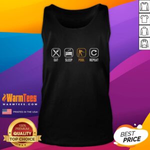 Snooker player wearing 'Eat Sleep Pool Repeat' tank top, surrounded by colorful pool balls on a green table.