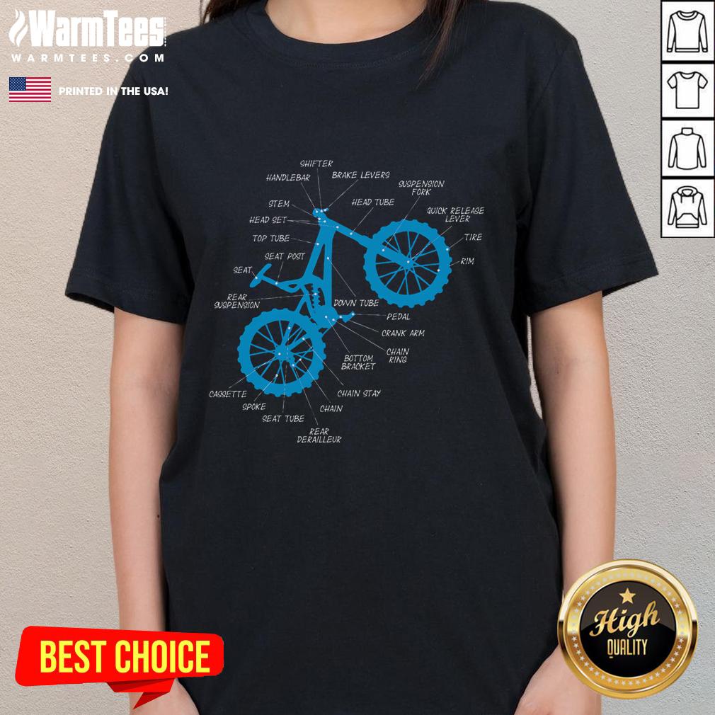 Detailed mountain bike parts illustration on a ladies tee, showcasing fully MTB anatomy for cycling enthusiasts.