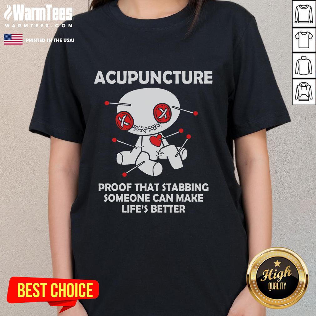 Funny acupuncture-themed voodoo doll graphic on a goth emo ladies tee, showcasing humor in life's challenges.