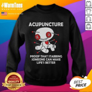 Funny acupuncture-proof voodoo doll sweatshirt for goth and emo fans, showcasing humor in life's challenges.