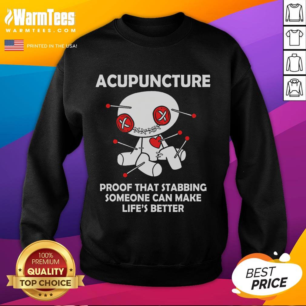 Funny acupuncture-proof voodoo doll sweatshirt for goth and emo fans, showcasing humor in life's challenges.