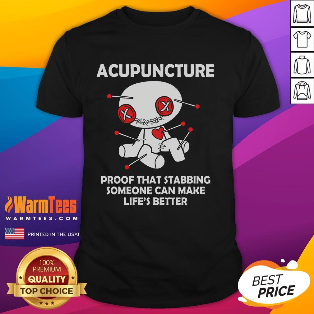 Funny acupuncture voodoo doll Goth emo T-shirt showcasing humor in life improvement through playful stabbing.