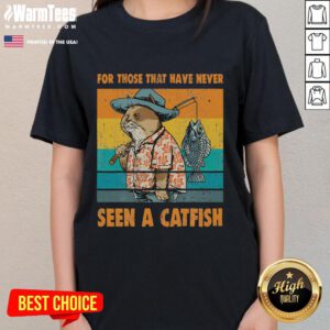Vintage ladies tee featuring a funny cat and catfish design, perfect for cat lovers and humor enthusiasts.