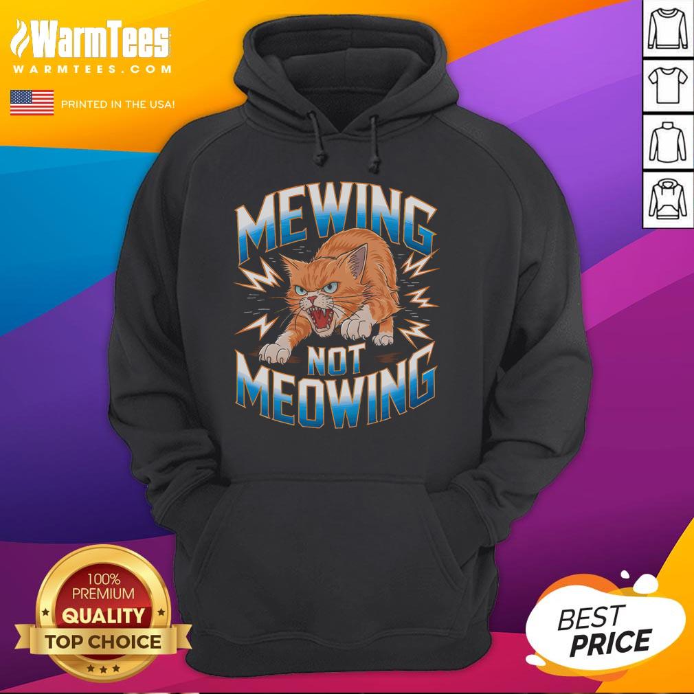 Funny cat meme featuring a cat wearing a hoodie, playfully mewing instead of meowing, perfect for cat lovers.