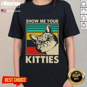 Funny cat lover ladies tee featuring 'Show Me Your Kitties' design, perfect for cat enthusiasts and casual wear.