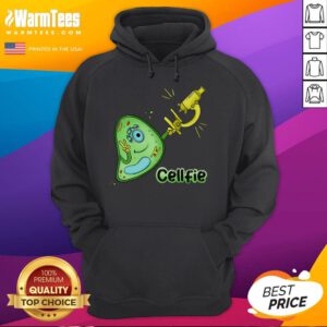 Funny Cellfie science joke hoodie featuring a biology cell and microscope pun, perfect for science enthusiasts.