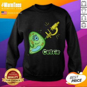 Funny 'Cellfie' science joke sweatshirt featuring a biology cell and microscope pun, perfect for science lovers.