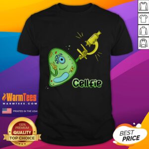 Funny 'Cellfie' Science Joke T-Shirt featuring a biology cell and microscope pun, perfect for science lovers.