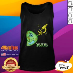 Funny selfie pun on a biology cell tank top featuring a microscope and humorous science joke about cells.