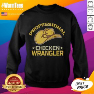 Funny chicken farmer wearing a sweatshirt, showcasing humor in professional chicken wrangling on the farm.