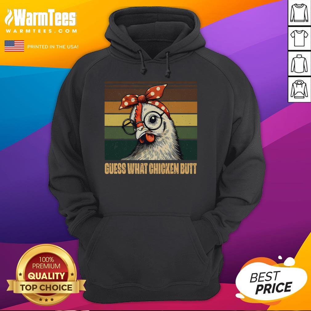 Alt Text: Funny chicken wearing a bandana and glasses in a Guess What Chicken Butt hoodie, perfect for animal lovers.
