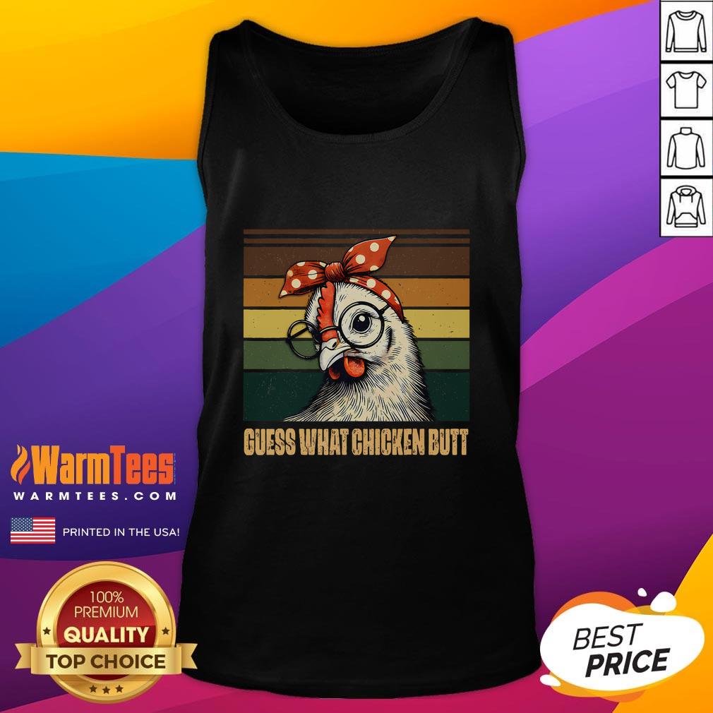 Funny chicken wearing a bandana and glasses on a Guess What Chicken Butt tank top, perfect for quirky apparel lovers.