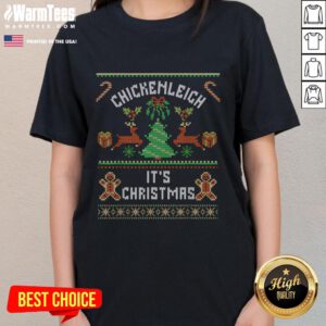 Funny Chickenleigh Christmas Ugly Xmas Tee for ladies featuring a quirky holiday design and festive colors.