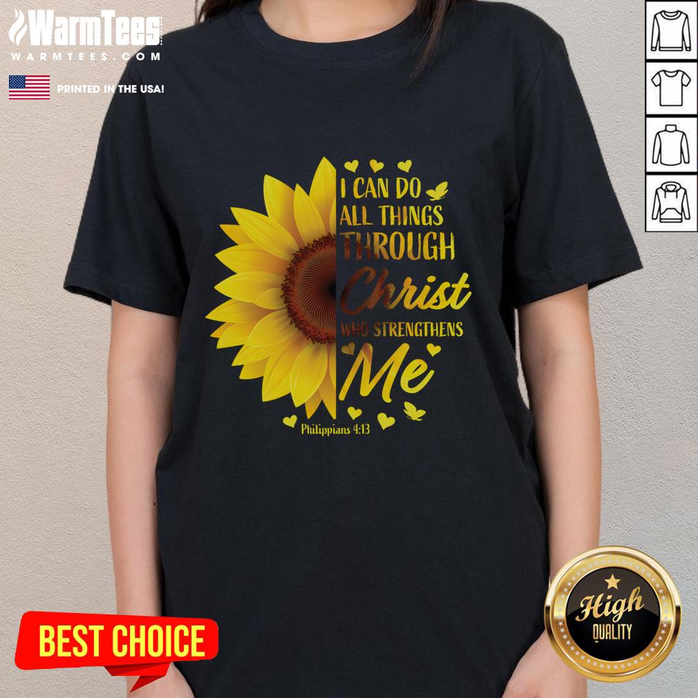 Funny Christian Bible Verse Philippians 4:13 Ladies Tee featuring stylish design and inspirational message for women.