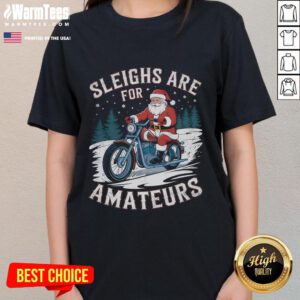 Funny Christmas Santa Claus humor on a ladies tee featuring Santa riding a motorcycle, perfect for holiday festivities.
