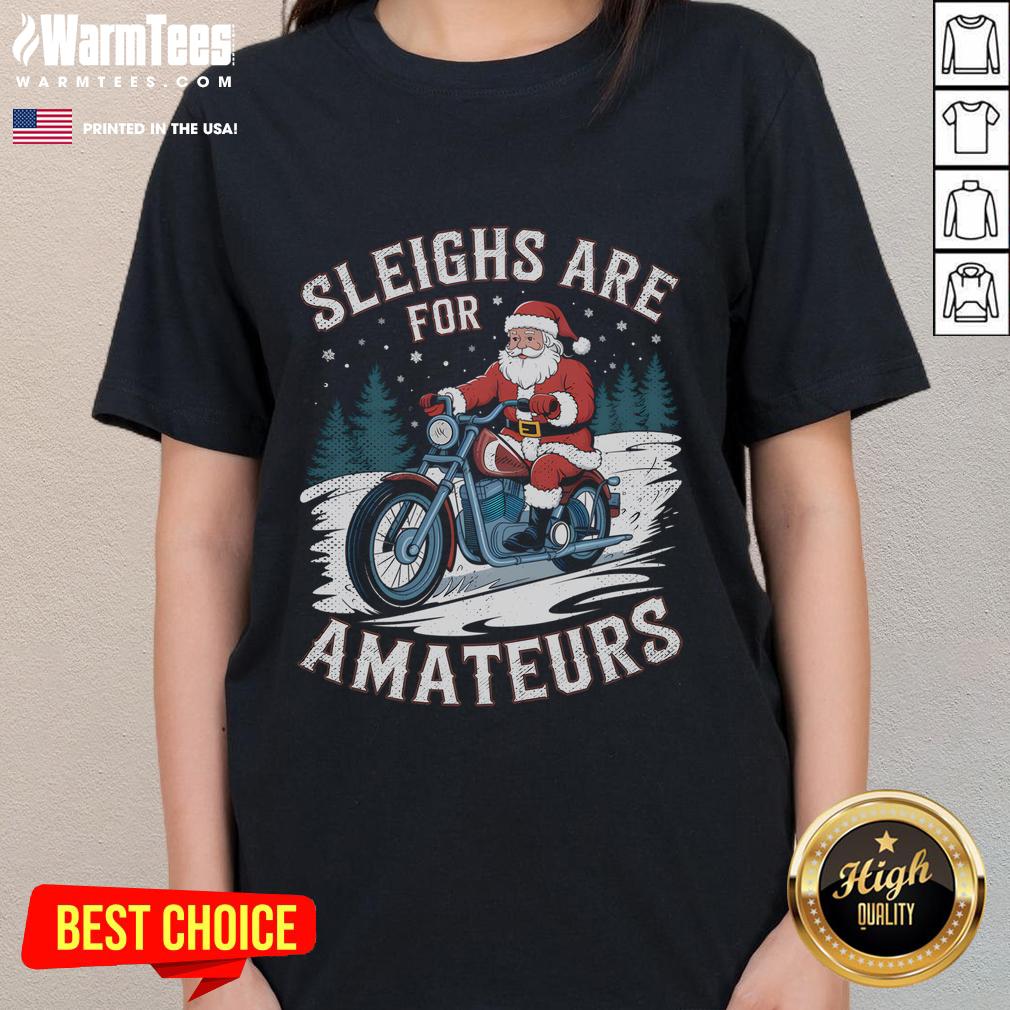 Funny Christmas Santa Claus humor on a ladies tee featuring Santa riding a motorcycle, perfect for holiday festivities.