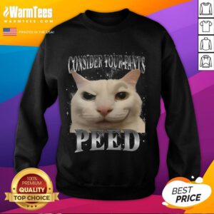 Funny Consider Your Pants Peed Silly Cat Meme Sweatshirt featuring a playful cat and humorous text design.