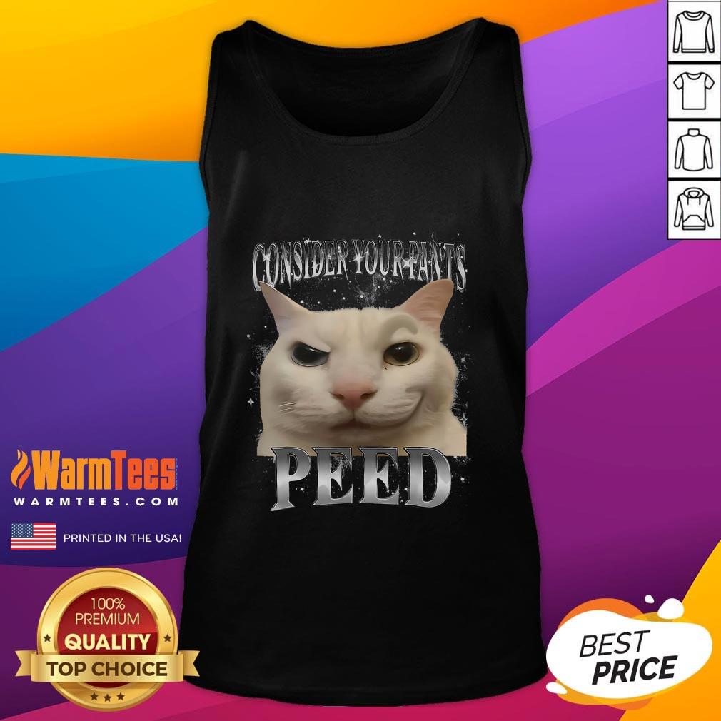 Funny cat meme tank top featuring a silly cat with a humorous expression about pants peeing.