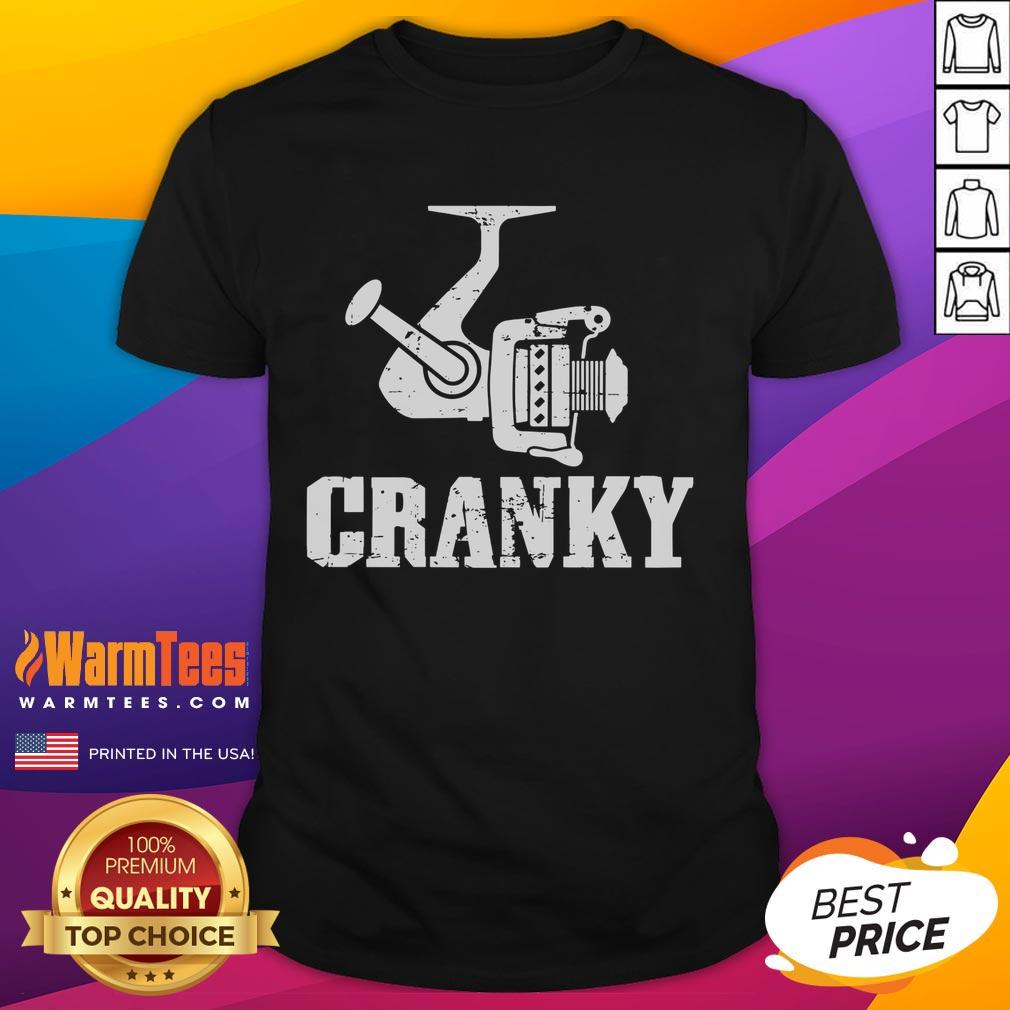 Funny Cranky Reel Fisherman T-Shirt featuring a humorous design of an annoyed fisherman with fishing gear.