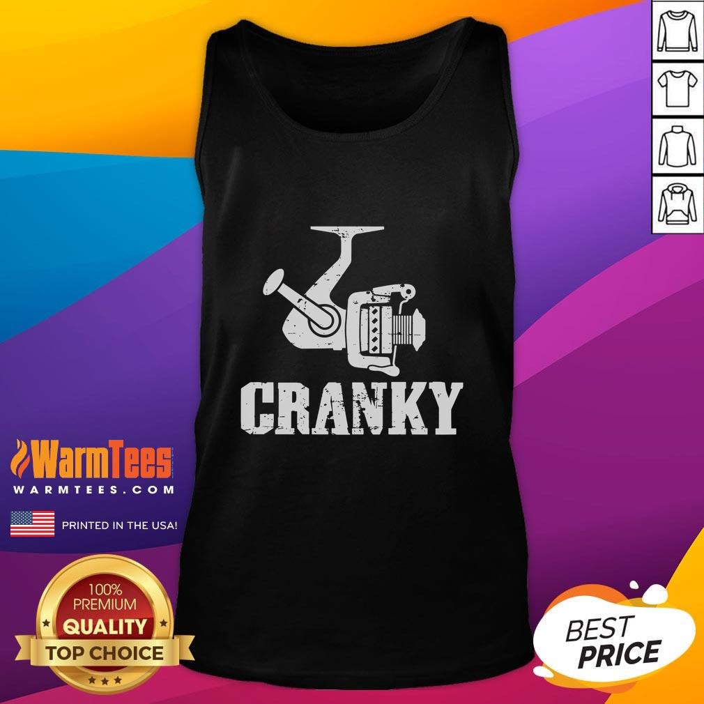 Funny Cranky Reel Fisherman Tank Top featuring a humorous fishing graphic, perfect for fishing enthusiasts and casual wear.