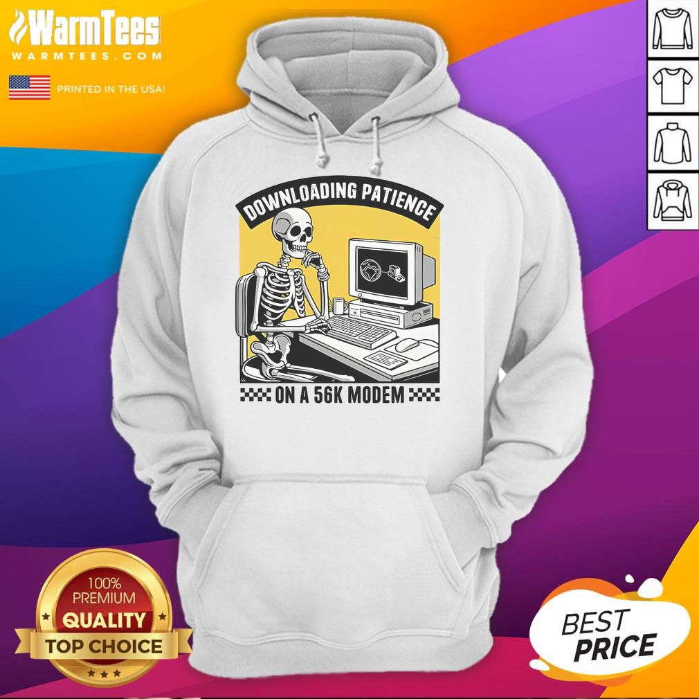 Funny skeleton in a hoodie waiting for a download on a 56k modem, showcasing retro internet humor and patience.