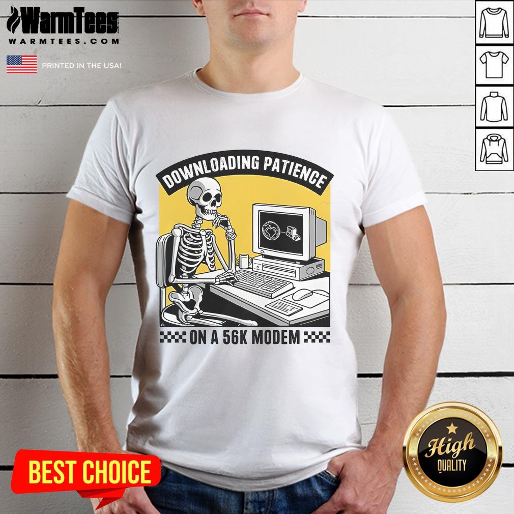 Funny downloading patience on a 56K modem skeleton t-shirt design, showcasing retro tech humor and nostalgia.