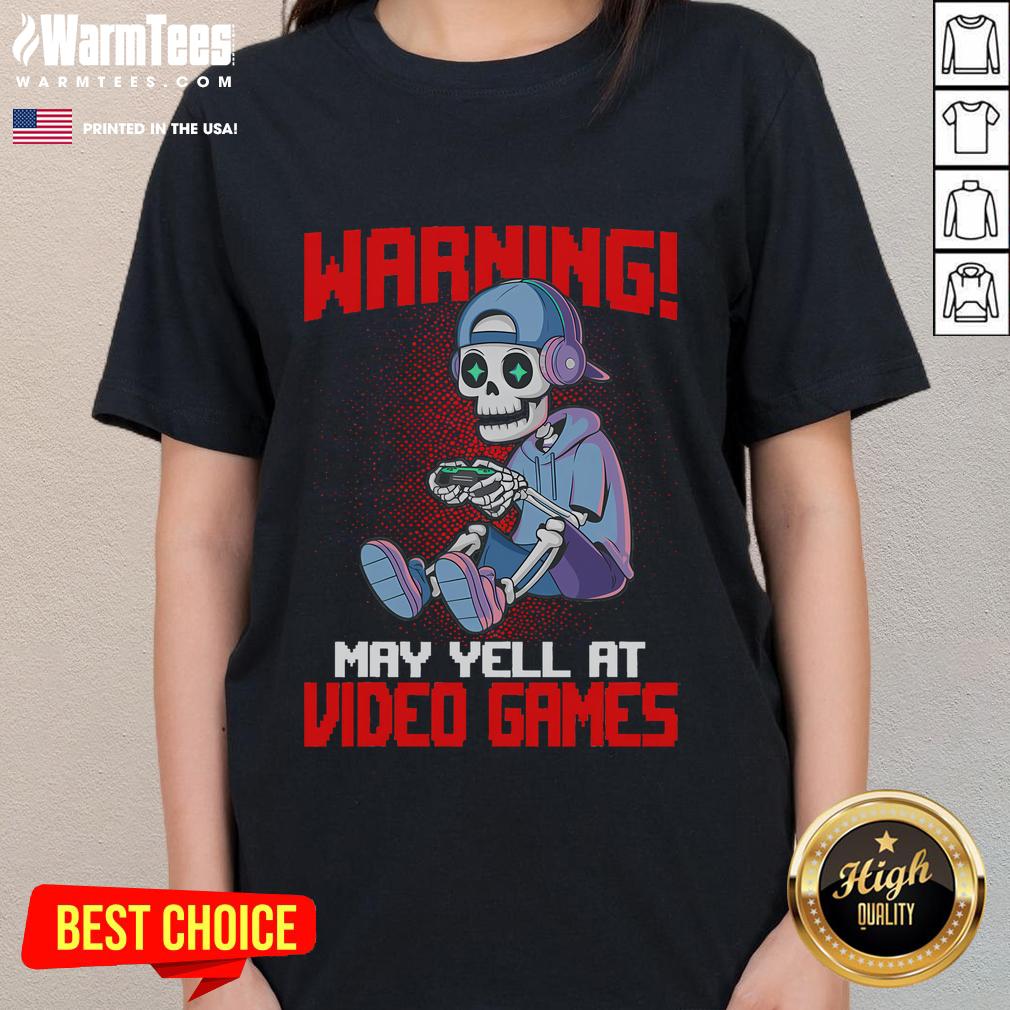 Funny gamer skeleton playing video games, perfect for ladies who love gaming and humor, featured on a stylish tee.