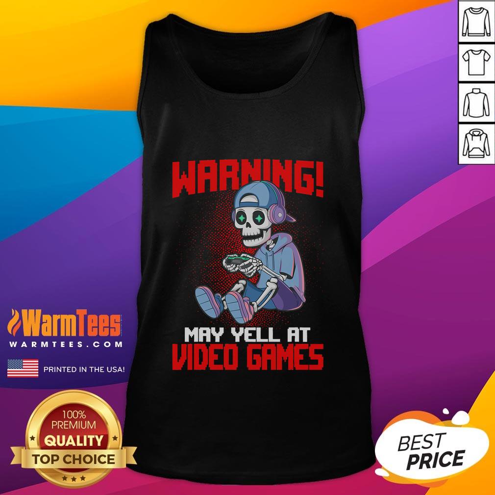 Funny gamer skeleton wearing a tank top, humorously yelling at video games, perfect for gaming enthusiasts and Halloween fans.