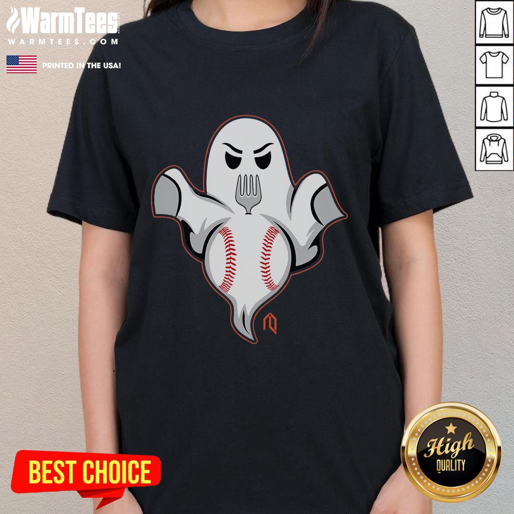 Funny Ghost Forkball Enza Football Ladies Tee featuring a playful ghost design for sports enthusiasts.