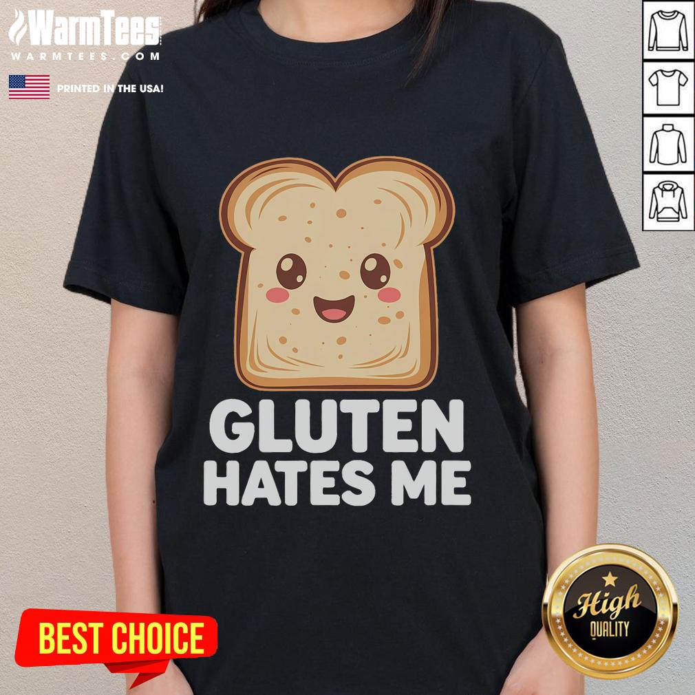 Funny gluten-free 'Gluten Hates Me' Celiac ladies tee featuring a playful design for gluten-sensitive individuals.