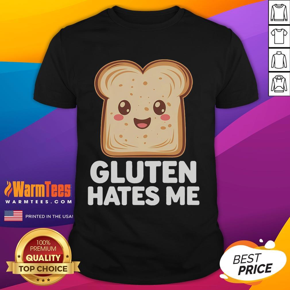 Funny Gluten Free Gluten Hates Me Celiac T-Shirt featuring humorous text for celiac disease awareness and gluten-free living.