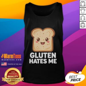 Funny gluten-free tank top with 'Gluten Hates Me' print, perfect for celiac disease awareness and humor.