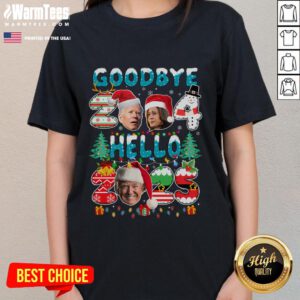 Funny Goodbye 2024 Hello 2025 Trump Christmas New Year's Eve Ladies Tee featuring humorous design for holiday celebrations.
