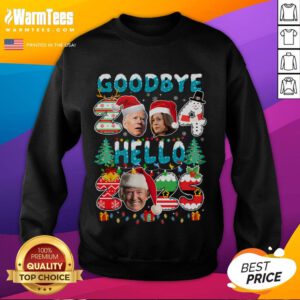 Funny Goodbye 2024 Hello 2025 Trump Christmas New Year's Eve Sweatshirt featuring a humorous design for festive celebrations.