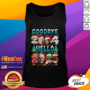 Funny Goodbye 2024 Hello 2025 Trump Christmas New Year's Eve tank top design featuring humorous graphics and festive colors.