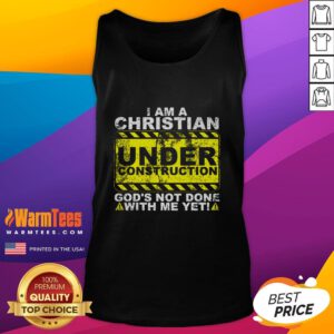 Funny 'I Am A Christian Under Construction' tank top design featuring playful dogs, showcasing faith and humor.