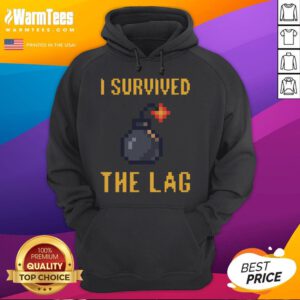Funny 'I Survived The Lag' 8-bit gamer hoodie design featuring retro gaming graphics and vibrant colors.