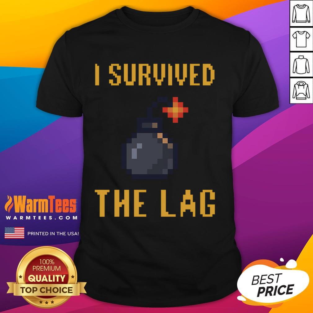Alt Text: Funny I Survived The Lag 8Bit Gamer T-Shirt featuring retro gaming graphics and humorous text for gamers.