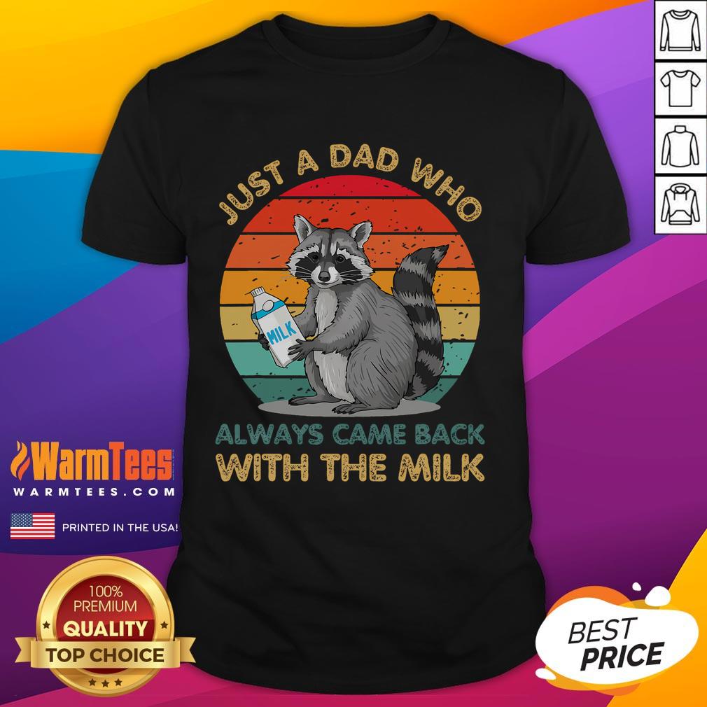 Funny Just Dad Who Always Came Back With The Milk Raccoon Vintage Sunset T-Shirt design featuring a playful raccoon silhouette.