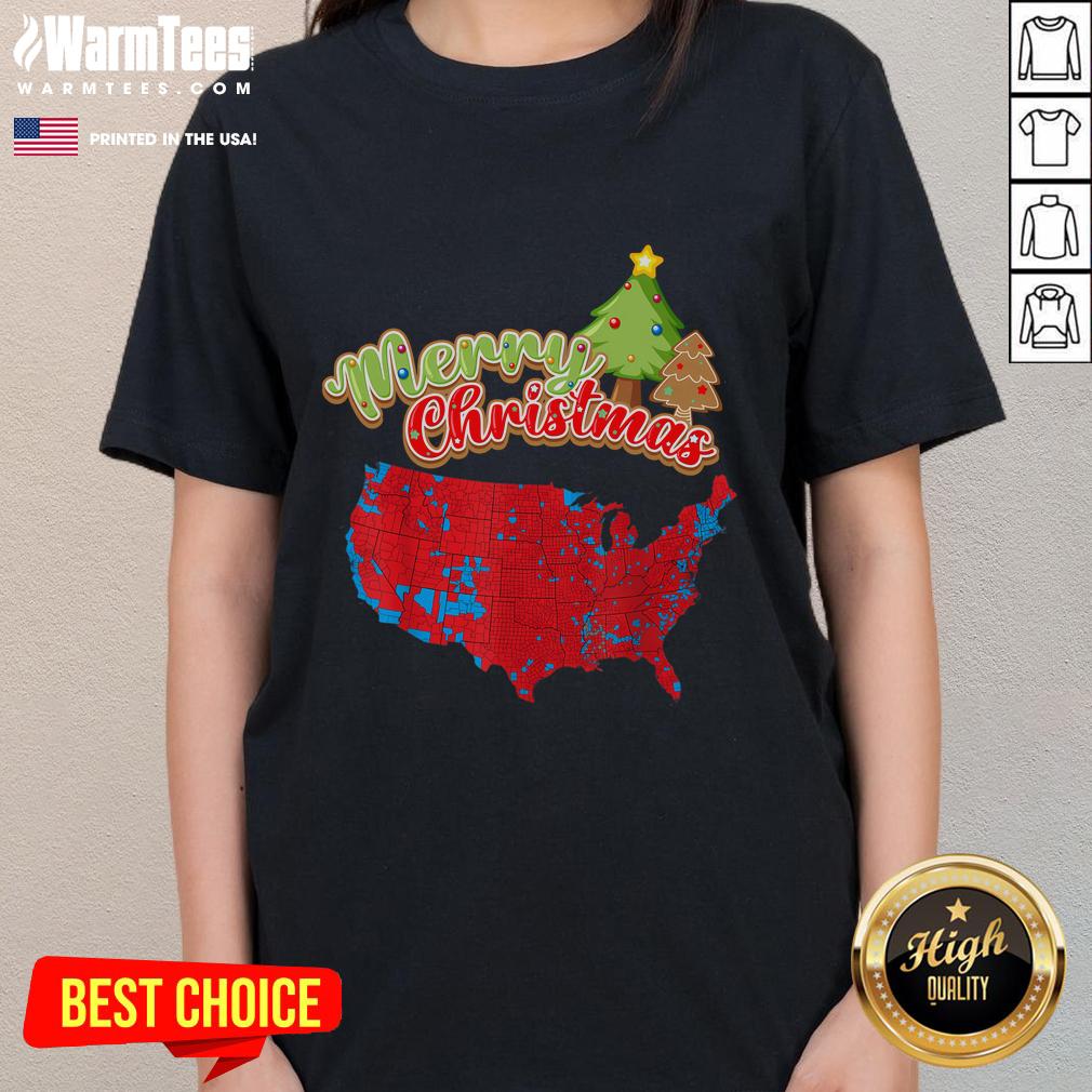 Funny Merry Christmas America Election Map 2024 Ladies Tee featuring a playful design for the holiday season.