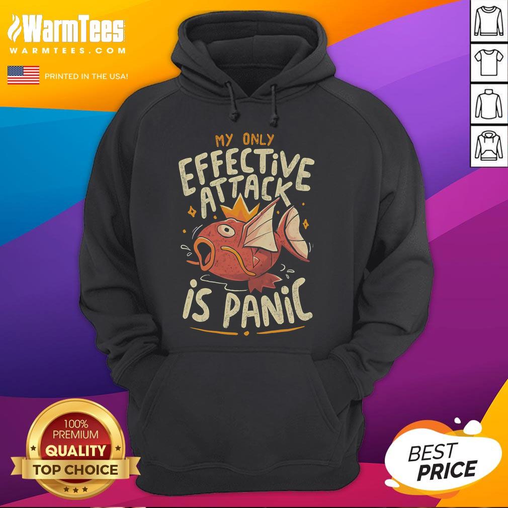 Funny Magikarp hoodie with 'My Only Effective Attack Is Panic Attack' text, perfect for Pokmon fans and casual wear.