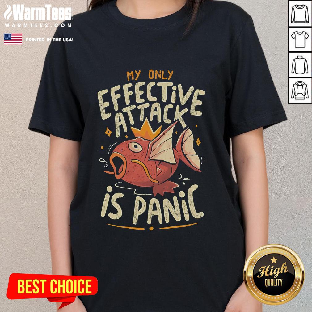 Funny Magikarp tee for ladies featuring 'My Only Effective Attack is Panic Attack' design, perfect for Pokmon fans.
