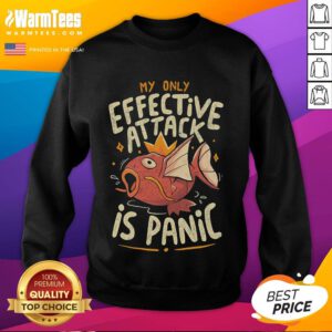 Funny Magikarp sweatshirt featuring 'My Only Effective Attack is Panic Attack' text, perfect for Pokmon fans.
