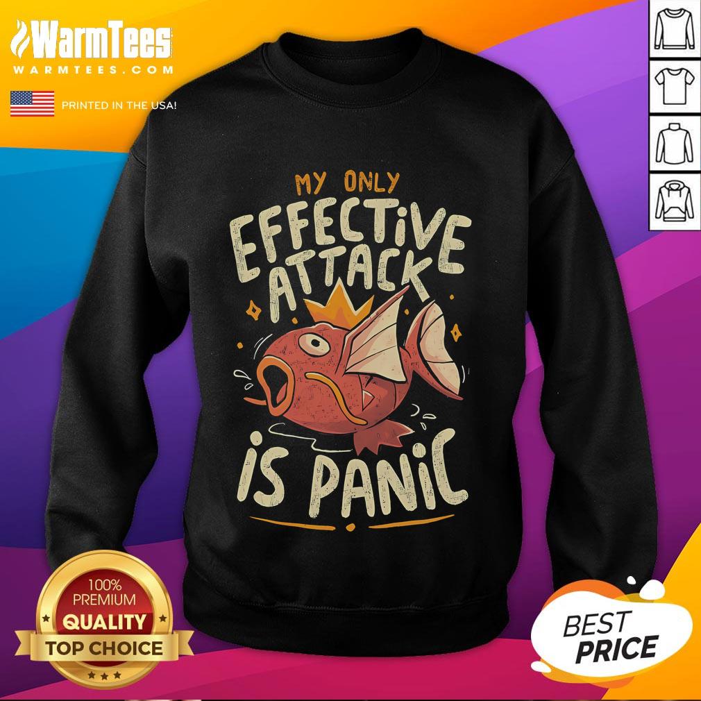 Funny Magikarp sweatshirt featuring 'My Only Effective Attack is Panic Attack' text, perfect for Pokmon fans.