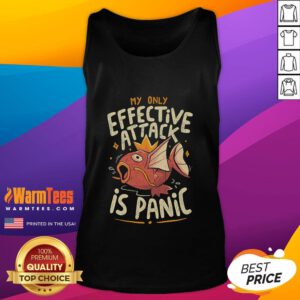 Funny Magikarp tank top featuring 'My Only Effective Attack is Panic Attack' design for Pokmon fans.