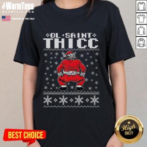 Funny Ol Saint Thicc Christmas Ladies Tee featuring a humorous Santa graphic perfect for holiday gatherings.