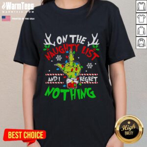 Funny Christmas ladies tee featuring 'Naughty and I Regret Nothing' design, perfect for holiday celebrations and gift giving.