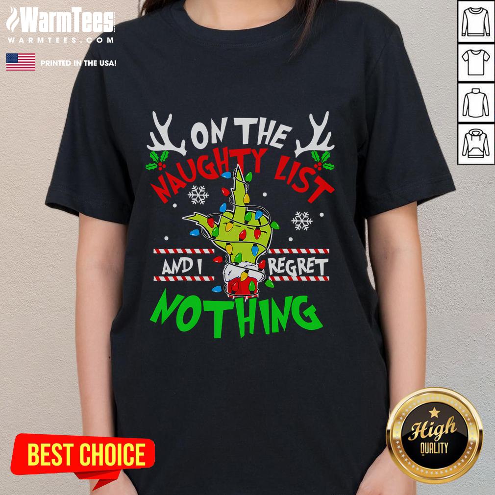 Funny Christmas ladies tee featuring 'Naughty and I Regret Nothing' design, perfect for holiday celebrations and gift giving.