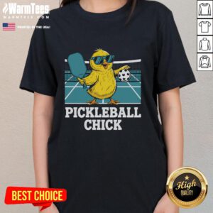 Funny pickleball chick sports tee featuring a playful pickle graphic, perfect for ladies who love pickleball.